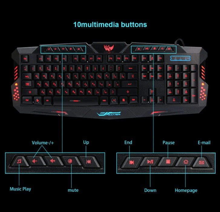 J10 tricolor backlight wired gaming keyboard