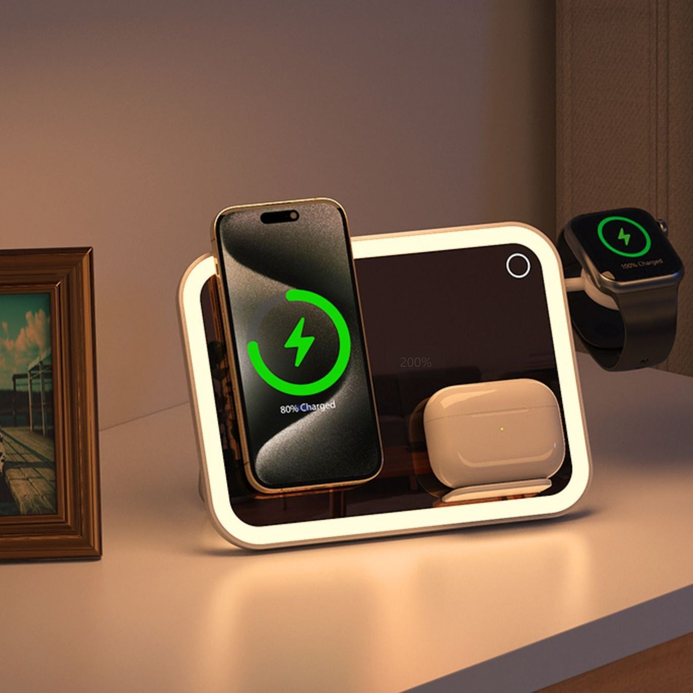 Three-in-1 wireless charger LED makeup mirror